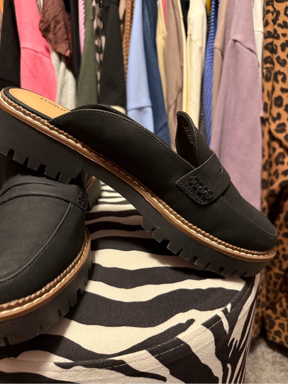 Maurices Black Penny Loafer Mules with Brown Trim
